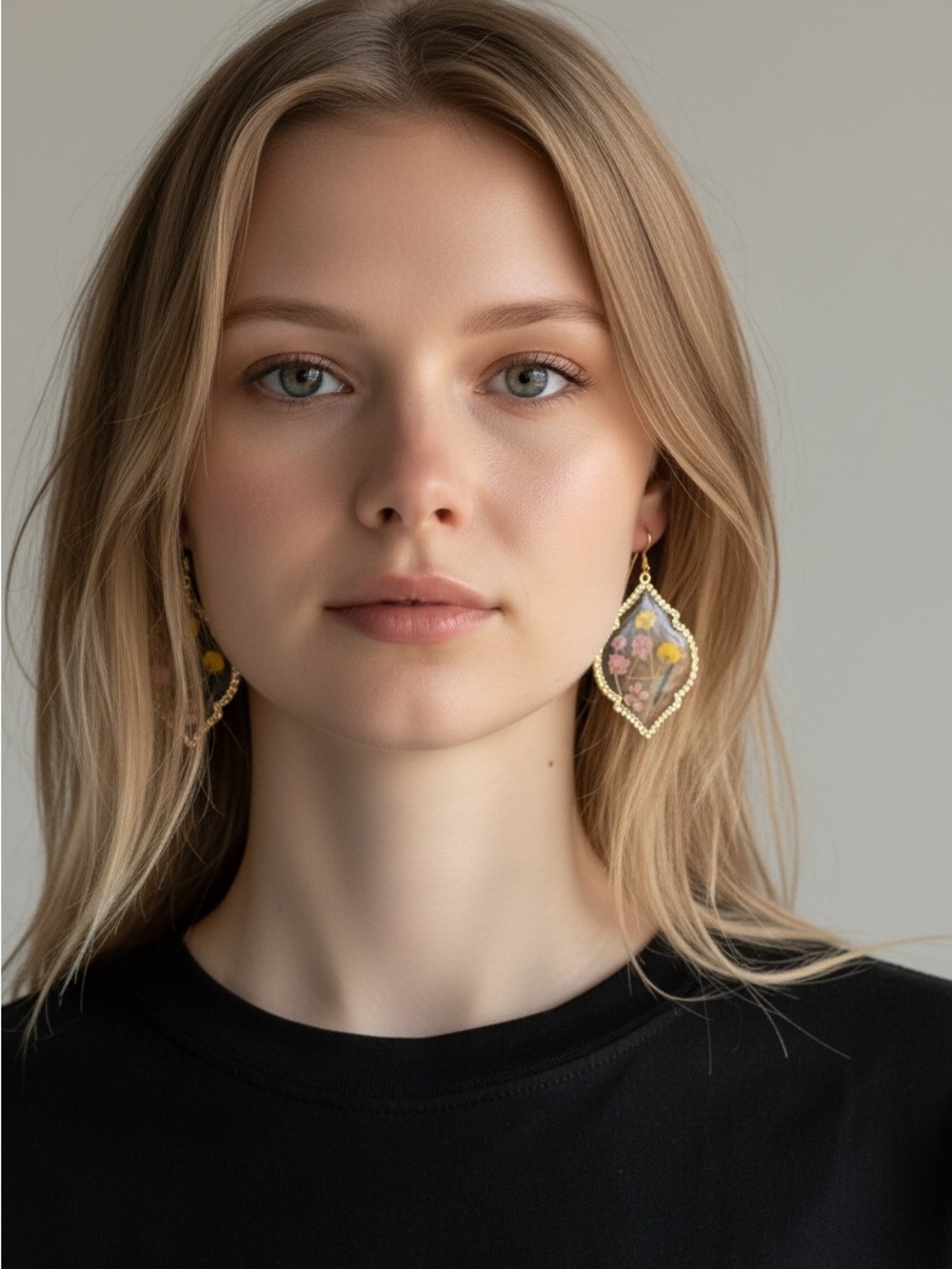 9/25 Gold Floral Teardrop Dangle Earrings - Pink Floral Design